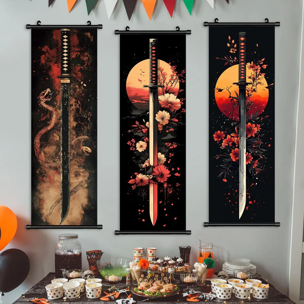 Japanese Katana Pattern Wall Hanging Banner, 3 Counts/set Artistic Wall Art, Graphic Prints, Art Wall Decoration, Decoration Items, Aesthetic Wall Decor for Home Living Room Bedroom, Ideal Gifts