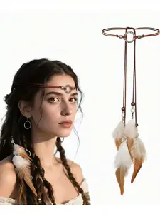 Forest Bohemian Tribal Headband, Lightweight Polyester Fiber and Fabric Feather Accessory, Stylish Hair Decoration for Women