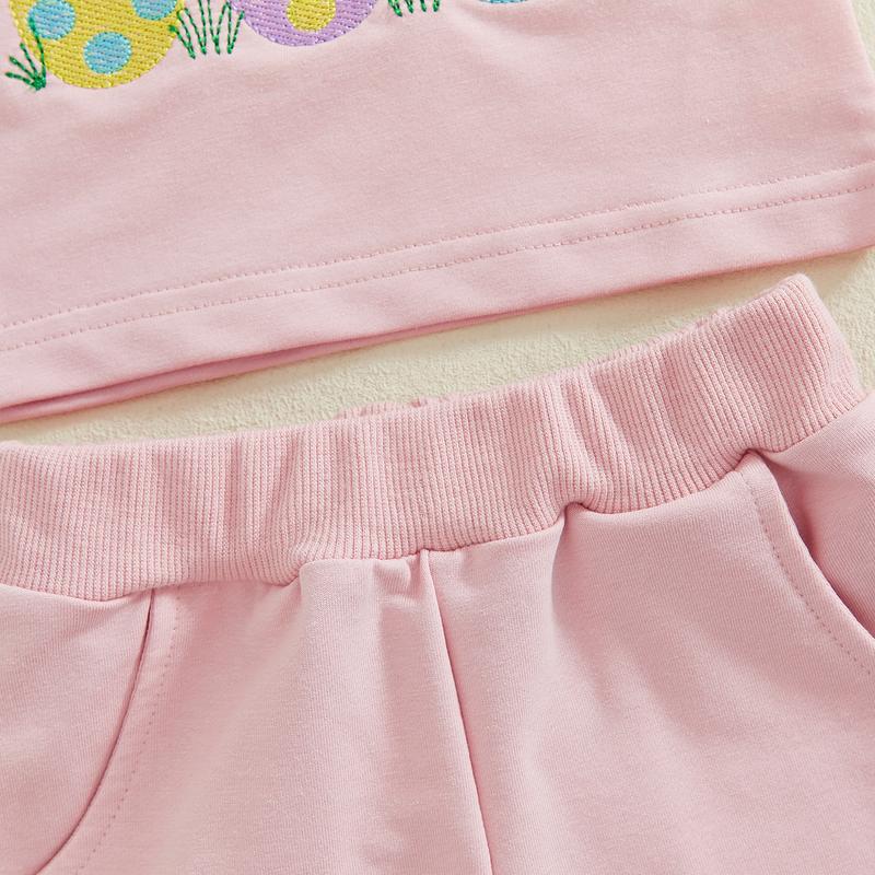 Toddler Baby Girl Easter Outfits Letter Embroidery Crew Neck Short Sleeve T-Shirt with Shorts 2 Pcs Set for Spring& Summer