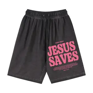 Jesus Saves John 3:16 Washed Cotton Shorts | Vintage Gradient Drawstring Casual Shorts, Christian Faith Bible Verse Graphic Summer Streetwear, Soft Cotton Loungewear for Daily Wear & Beach