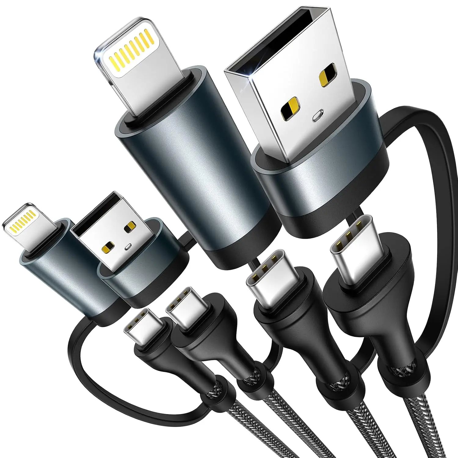 4 in 1 Charging Cables [2Pack 6.6FT] 60W Fast Charging Cord Apple MFi Certified Lightning Cable Nylon Braided Multi USB C Cable for iPhone 16/15 14 13 iPad Samsung Galaxy MacBook iPad Tablets and More