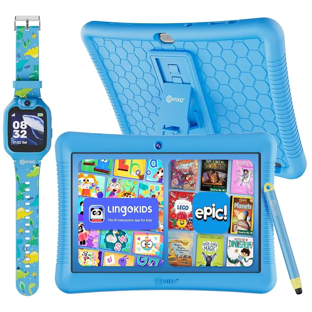 Contixo 10" Kids Tablet and Smartwatch Bundle with Epic, Lingokids, 32GB, Camera, Games, Music