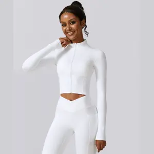 KEEPLIMBER Women's White Breathable Full Zip Up Crop Yoga Top Jacket for Fitness Workout Running Gym Sports Activities