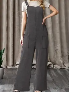 Ribbed Knit Patched Pocket Wide Leg Overalls, Trendy Ribbed Knit Overalls With A Soft, Stretchy Texture For All-Day Comfort.