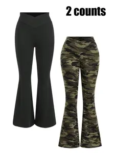 Women's Camo Slim-Fit Flare baggy Knit leggings, Cross Waistband, High-Waisted Comfortable Casual Trousers, Fashionable Daily Wear, Camouflage, Pack of 2, Pants, Womenswear
