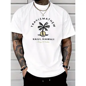 2025 Men'S Casual Hawaiian Print T-Shirt - Polyester Lightweight 180gsm, Regular Fit Round Neck, Stretchy Comfort for Summer, Vibrant Palm Tree & "TRAVIS MATHE" Design, Perfect Gift for Men, Summer Casual Wear | Stylish Hawaiian Shirt | Durable Casualwear