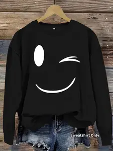 Women's Casual Smiley Face Graphic Pullover Sweater, Soft Long Sleeve Round Neck Sweatshirt, Comfortable Daily Wear Tops