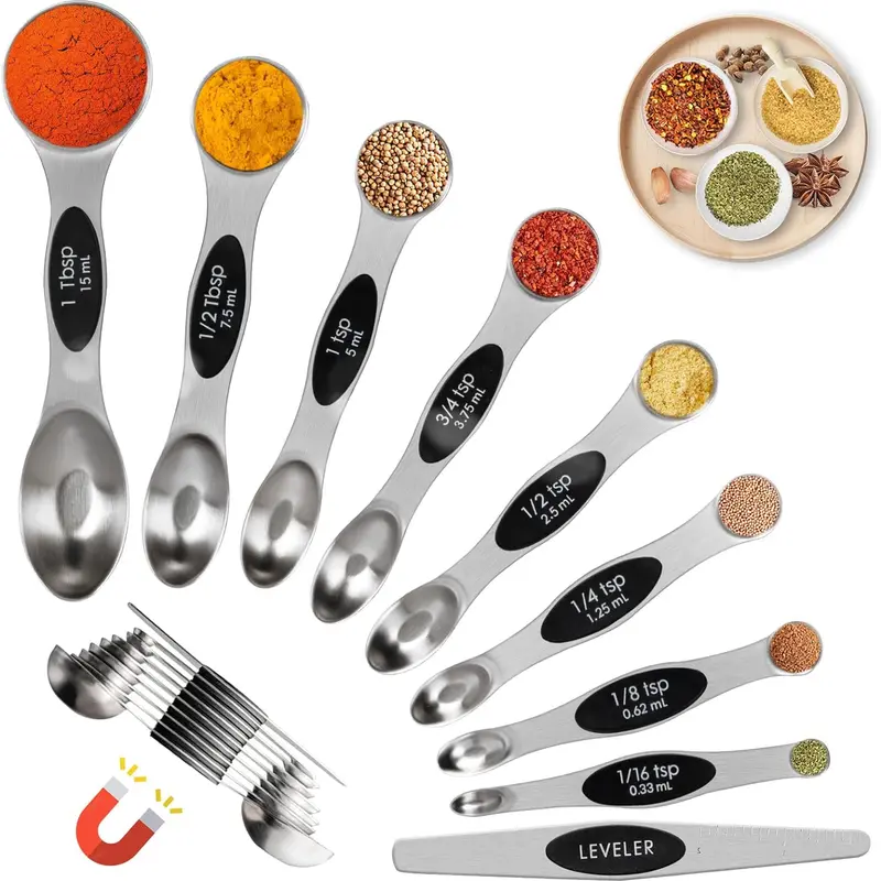 Stainless Steel Magnetic Measuring Spoons 9 Set with leveler for baking,stackable metallic spice kitchen utensils and gadgets measure cups measuring，Dual Sided&Measuring Dry and Liquid Ingredients