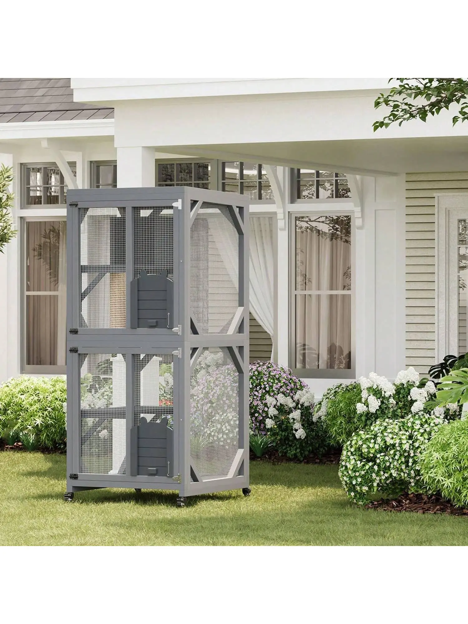 Portable Indoor-Outdoor Cat Enclosure on Wheels, 68in Weatherproof Roof Catio Kitty House, Solid Fir Construction with Upgraded Resting Box, 4 Platforms, Scratch Post