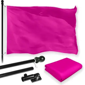 G128 Combo Pack: 5 Ft Tangle Free Aluminum Spinning Flagpole (Black) & Solid Pink Color Flag 2x3 Ft, LiteWeave Pro Series Printed 150D Polyester | Pole with Flag Included