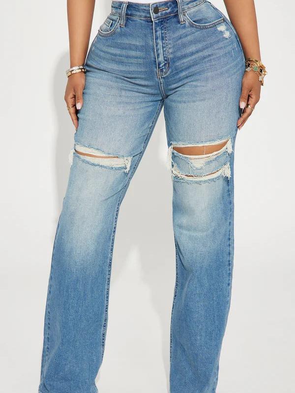 Remi Ripped Stretch Baggy Jeans - Medium Wash