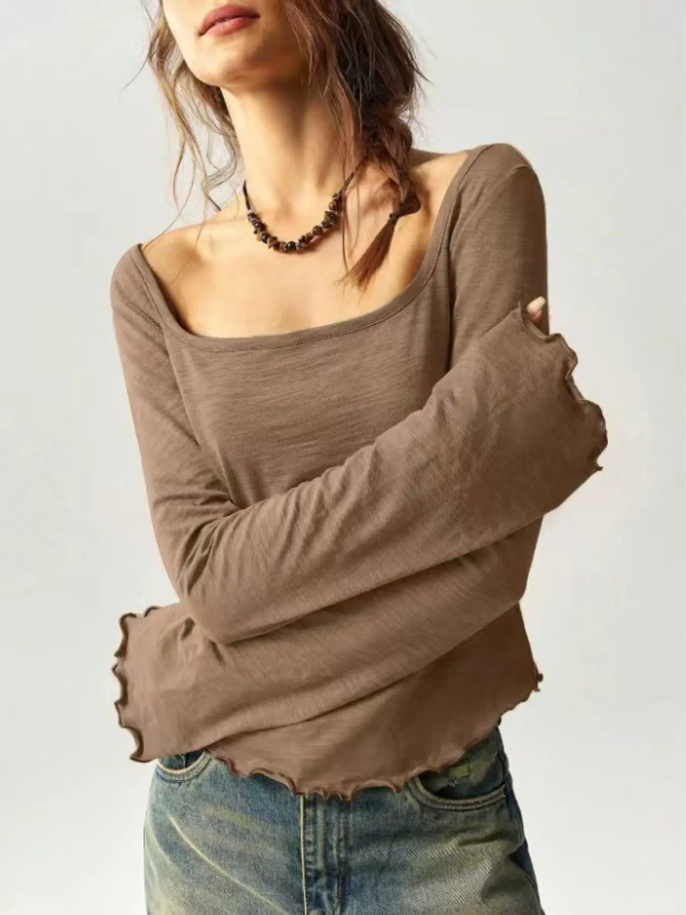 Bohemian Style All-Season Knitted Long Sleeve Square Neck Flared Sleeve Slim Fit Women's T-Shirt, Casual Fashion Inner Wear Outer Layer Top, Knitwear Womenswear