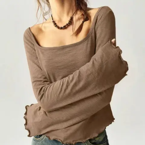 Bohemian Style All-Season Knitted Long Sleeve Square Neck Flared Sleeve Slim Fit Women's T-Shirt, Casual Fashion Inner Wear Outer Layer Top, Knitwear Womenswear