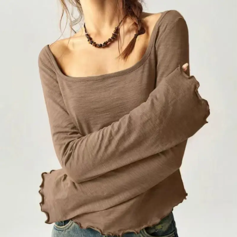 Bohemian Style All-Season Knitted Long Sleeve Square Neck Flared Sleeve Slim Fit Women's T-Shirt, Casual Fashion Inner Wear Outer Layer Top, Knitwear Womenswear