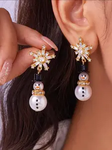Christmas Style Faux Pearl Rhinestone Snowman Drop Earrings, Party Jewelry Gift for Women, All Season Wearable Accessories