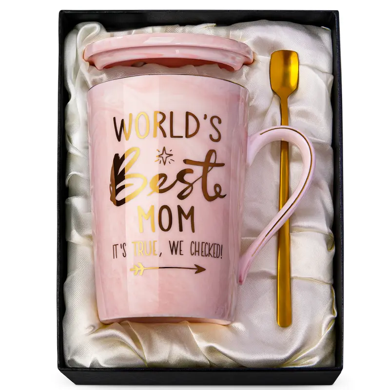Biching 14oz Reusable Washable Ceramic Coffee Mug - Gold Print, Marble Pattern Luxe Look Drinkware, Festive Adults' Mother's Day/Mom Birthday Gift, Home & Party Supplies