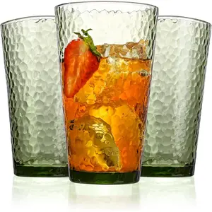 Set of 8 16oz Green Highball Drinking Glasses, Stackable Lead-Free Hammered Glass Cups, Kitchen Drinkware for Cocktail, Beer, Juice, Iced Tea, Margaritas and Mixed Drinks