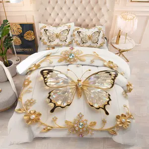 Black and Gold Butterfly Comforter Set, Includes Filled Comforter and Pillowcase, Luxury European Bedroom Decor, Crystal Diamond Elements Bedding Cover, Butterfly Pattern Bedding Set