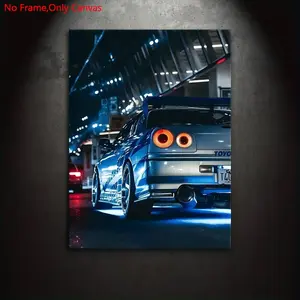 1 piece/set frameless canvas painting print posters,retro realistic Vehicle art,Japanese classic sports car R34 GTR,perfect gift for JDM vintage car culture enthusiasts,ideal gift for bedroom,living room,dormitory corridor, decoration,Unframed Wall Art