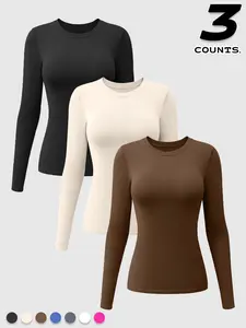 3-Pack Women's Long Sleeve Athletic Fitted Sporty Tops, Round Neck Tight-Fit Gym Shirts, Comfortable Daily Wear