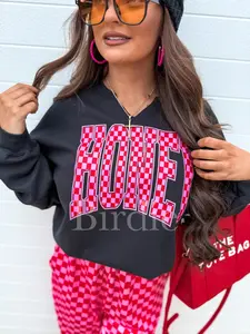 Honey Pink & Red Checkered Split Neck Graphic Crew on Black *Final Sale*