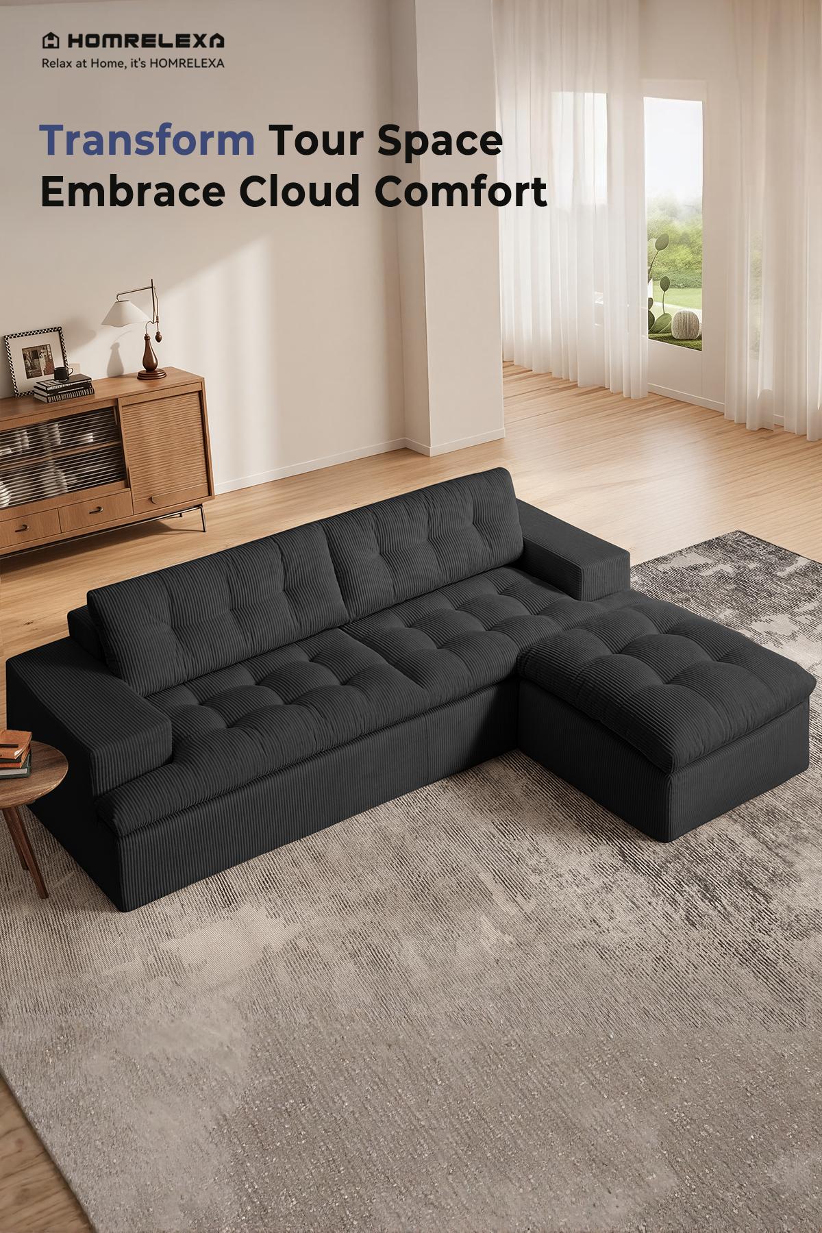 85'' Sofa Bed Cloud Couch Corduroy Upholstered Sectional Convertible Multi-Functional Floor Sofa for Living Room & Apartment Furniture, No Assembly