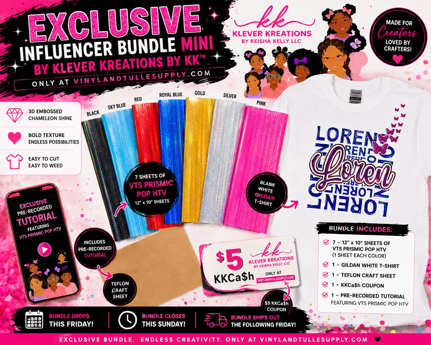 KleverKreationsbyKK x VTS Prismic Pop Exclusive Influencer Mini Bundle, Heat Transfer Vinyl Crafting Supplies for DIY Projects, Htv Sheets