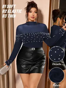 Women's High Neck Pearl Embellished Slim Fit Long Sleeve Top Blouse, Stretchy Skin-Friendly Casual Wear for Party & Daily Use
