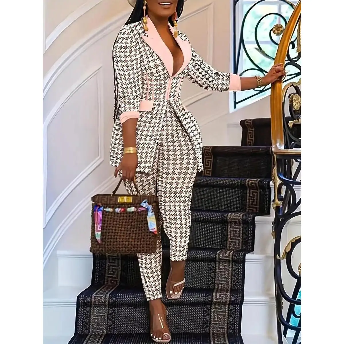 Two-Piece Set Women's Houndstooth Print Blazer & Skinny Pants, Elegant Formal Fashion Casual Comfy for Daily Outdoor Wear, Ladies Clothes for All Seasons