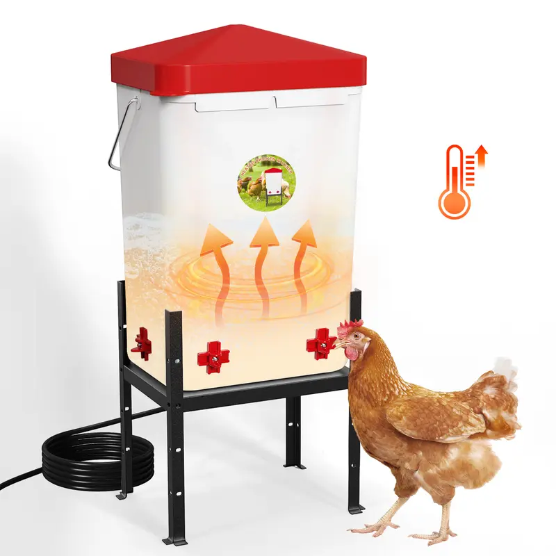 2/3 Gallon Heated Chicken Water Outdoor Unfrozen Poultry Drinker for Winter with 4 Nipples Adjustable Stand Automatic Chicks Water Bucket Feeder