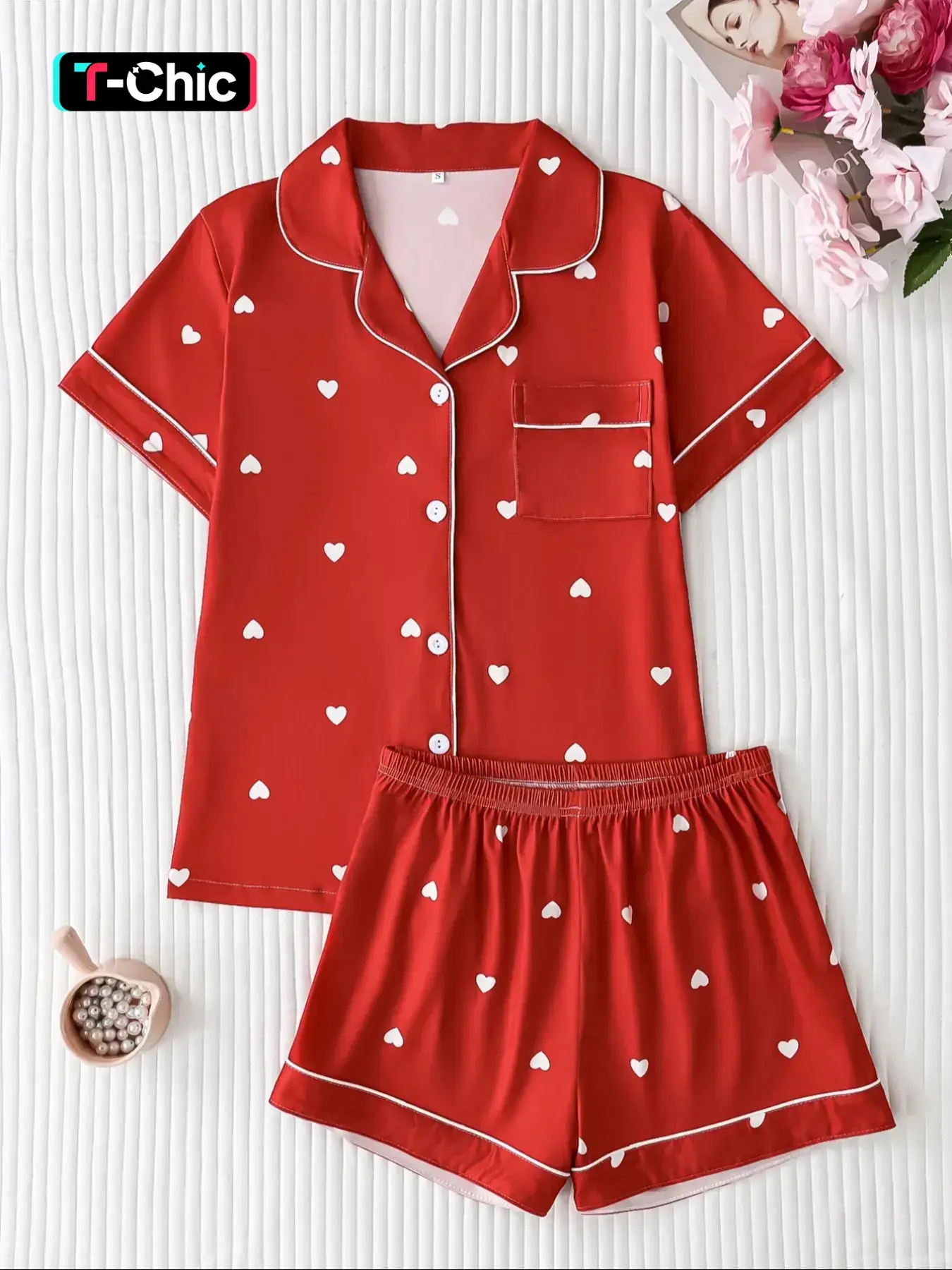 Women's Valentine Heart Printed Pajama Set, Casual Fitted Short Sleeve Top & Loose Comfortable Shorts, Elegant Sleepwear for All Seasons, Comfy Loungewear Set, Summer Pyjama Set, Shorts Pj Set, Cute Pajama Sets, Casual Pajamas, Casual Home Loungewear