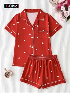 Women's Valentine Heart Print Pajama Set, Casual Fitted Short Sleeve Top & Loose Comfortable Shorts, Elegant Sleepwear for All Seasons, Comfy Loungewear Set, Summer Pyjama Set, Shorts Pj Set, Cute Pajama Sets