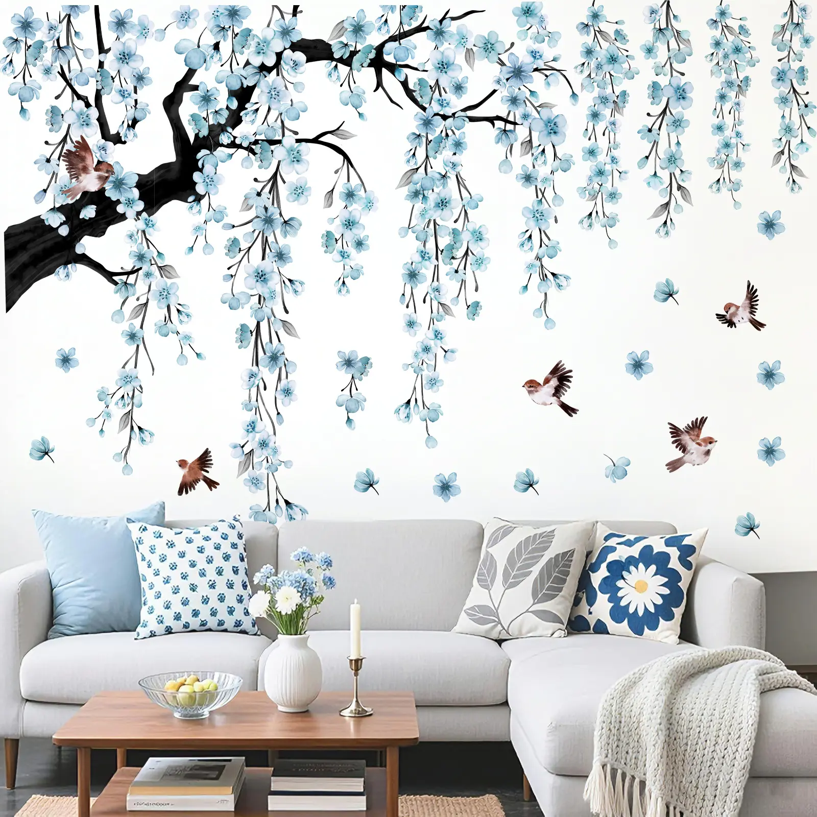4Pcs 30x90cm Spring Summer Blue Creative Plant Big Tree Matte Wall Decorative Decal Sticker Wall Art Stickers for Home Background Decoration