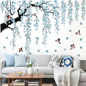 4Pcs 30x90cm Spring Summer Blue Creative Plant Big Tree Matte Wall Sticker for Home Background Decoration