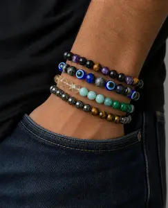 4PCS Unisex Multicolored Abundance Bracelet Arpurraina Money Attraction Amulet with Elastic Adjustable Size, Green Aventurine, Tiger Eye Crystal Charms, Solid Unscented Prosperity Jewelry for Birthday, Anniversary