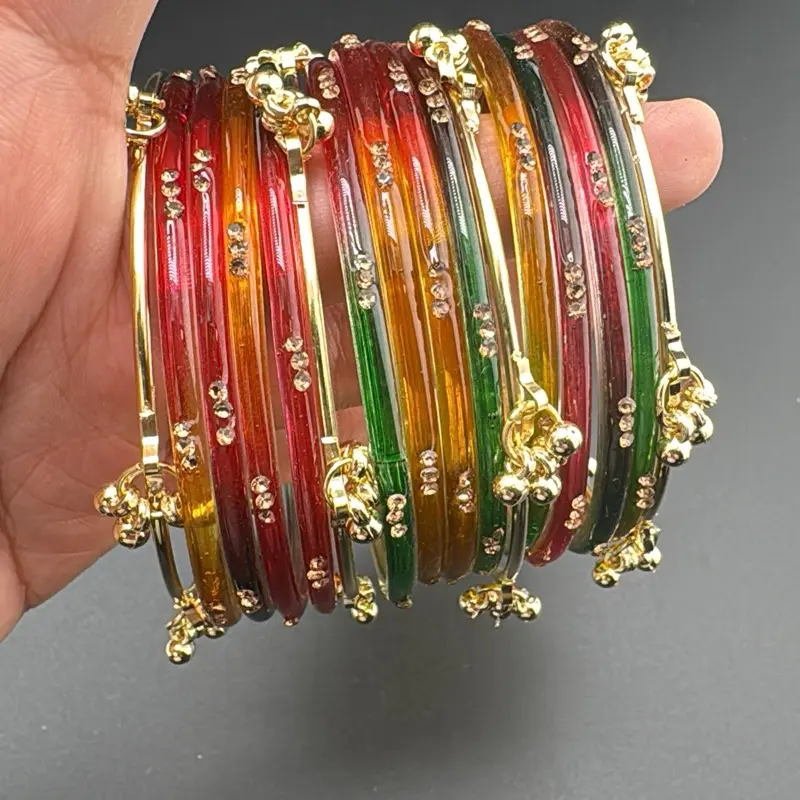 Glass Bangle Set - 12 Glass Bangles with 4 Ghunghru Bangles Glass Bangle Set - 12 Glass Bangles with 4 Ghunghru Bangles