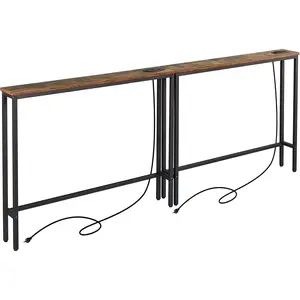 2 Pack 5.9" Narrow Console Sofa Table with Power Outlets, 5.9" D x 39.4" W x 31.1" H Long Couch Table with Metal Frame and Charge Station with 6.5' Extension Cord, Rustic Brown