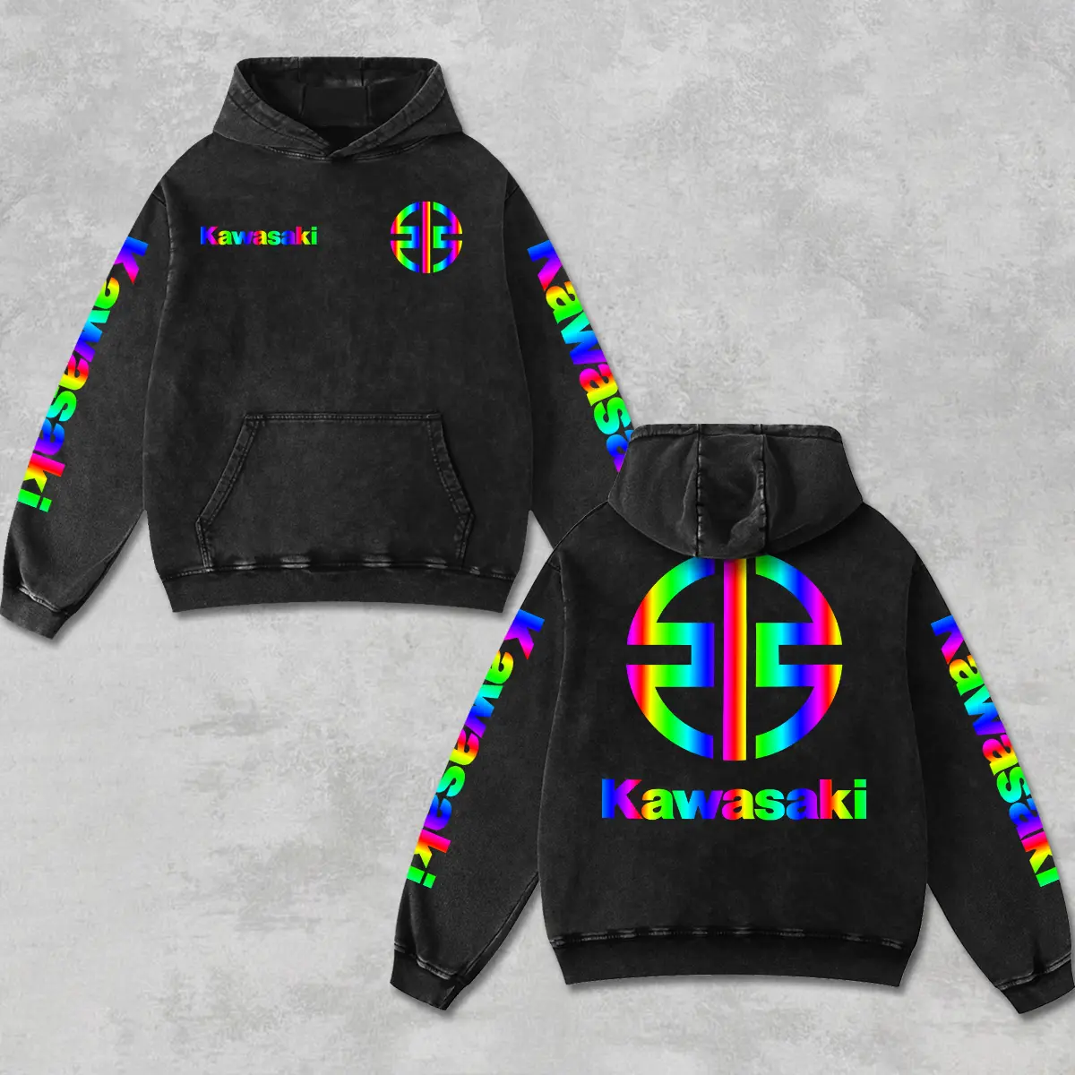 Retro Rainbow Kawasaki Racing Hoodie Acid Washed, Motor World Championship Enthusiast, Motorcycle Off-Road Dirt Bike Graphic Streetwear, Heavyweight Biker Sweatshirt, Retro Moto Gear Motorbike Apparel Men’s Grunge Y2K Racing Jacket Style