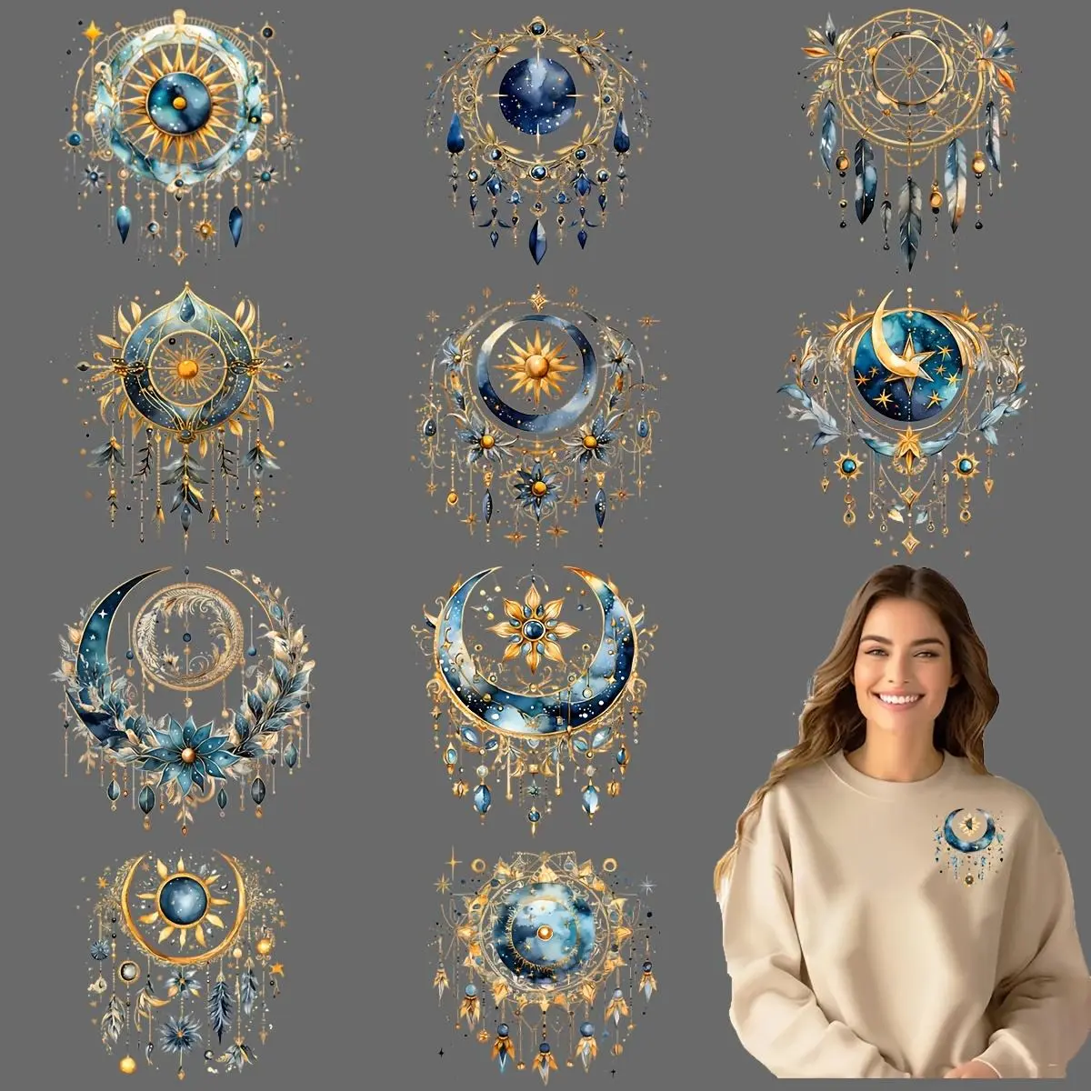Celestial Dreamcatcher Pattern DIY Iron-on Transfer Sticker, 12pcs/set Washable Heat Press Decals for T-shirts, Masks, Jeans & Backpacks