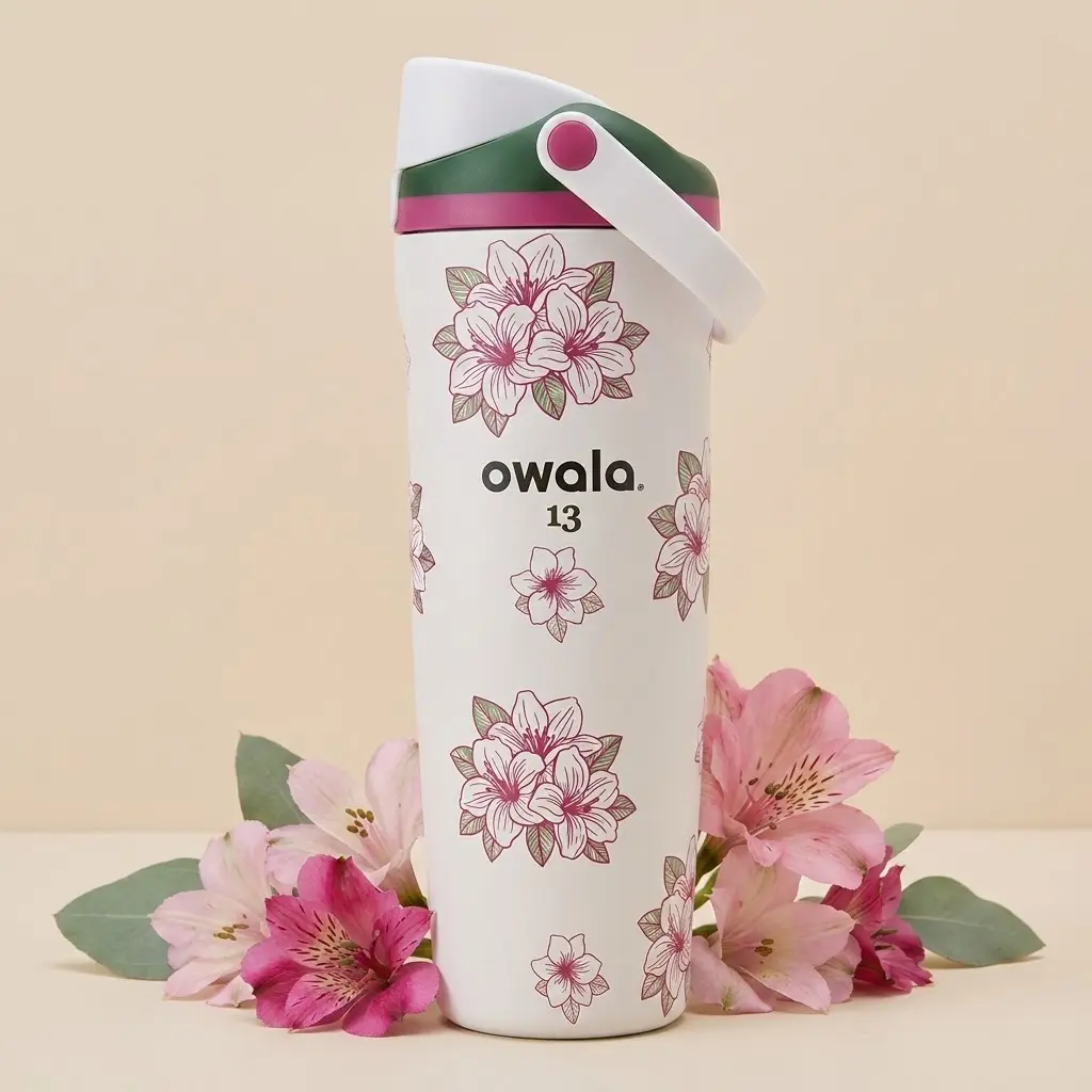 Owala FreeSip Pink Floral Insulated Stainless Steel Water Bottle with Straw Lid White Flower Travel Gym School Tumbler