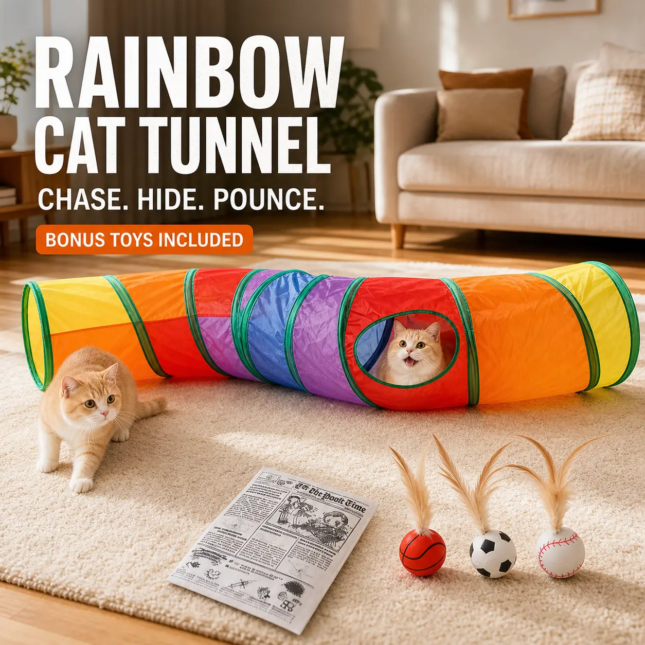 Rainbow Cat Tunnel For Indoor Cats Collapsible Cat Play Tube With Side Peek Hole And 4 Bonus Toys For Multi Cat Homes For Active Indoor Play