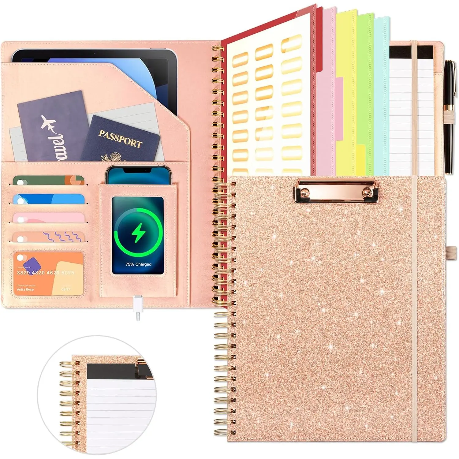Clipboard with Storage for Men Women, Leather Padfolio Portfolio Organizer 5 Folders with 10 Pockets, Spiral Clipboard Folio with Notepad for Letter Size, Elastic Closure and Pen Loop Rose