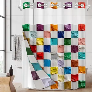 1PC 2D Flat Double Layer Shower Curtain, Artistic 3D Textured Paint Checkerboard Decor, Clear Top Window & Detachable Snap-In Liner, Rainbow Color Block Print, Waterproof & Mildew Resistant, Thick & Washable Bathroom Curtain (No Hooks Included)