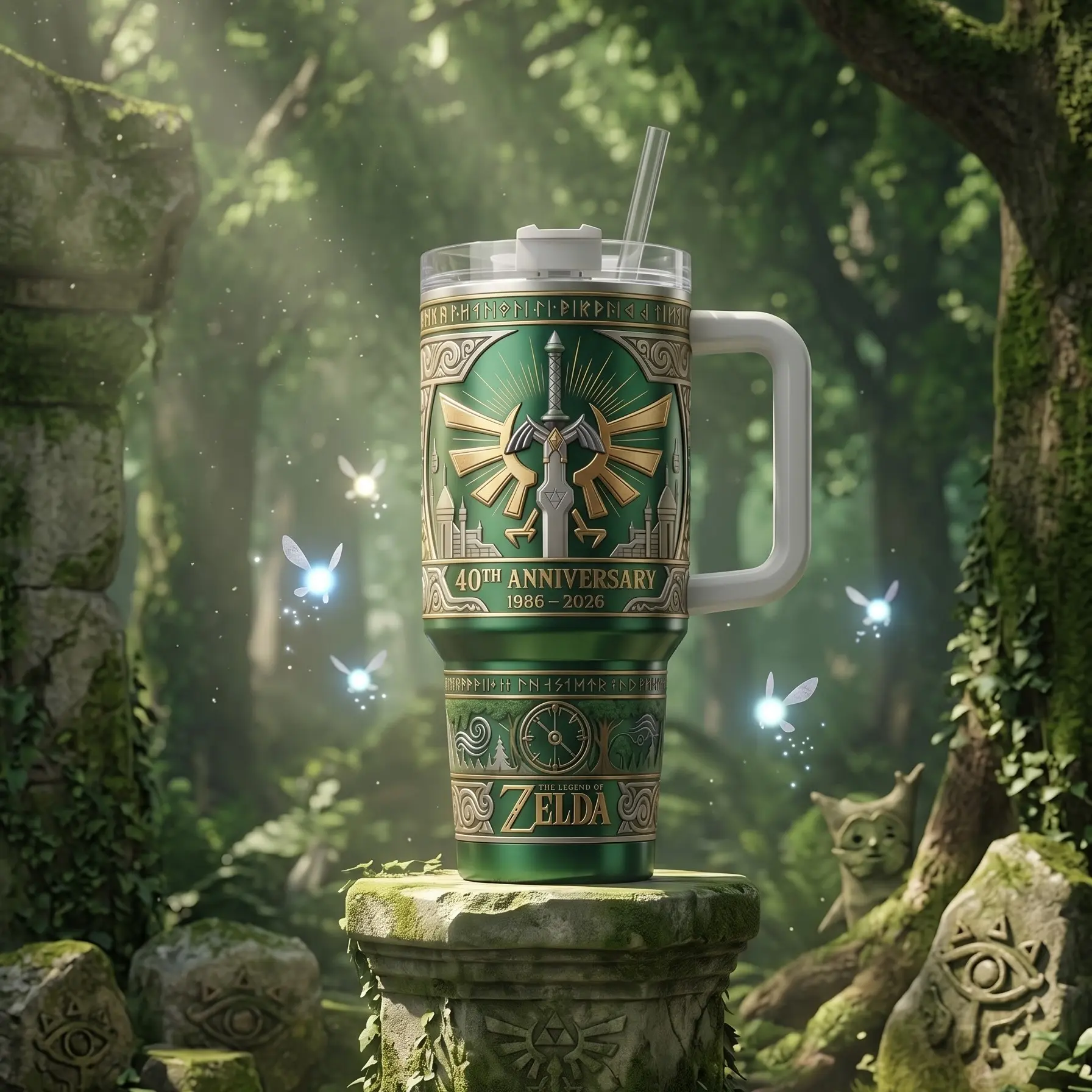The Legend of Zelda 40th Anniversary 40oz Insulated Tumbler With Handle & Straw, 1986-2026 Collector Edition Stainless Steel Travel Mug, Master Sword & Triforce Gaming Cup, Zelda Fan Gift