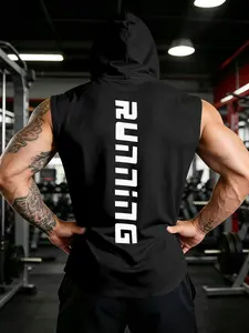 Men's Running Fitness Vest, Letter Print Hooded Sleeveless Top, Sporty Fitted H-Type, Unlined, No Collar, Ideal for Hardcore Gym Wear