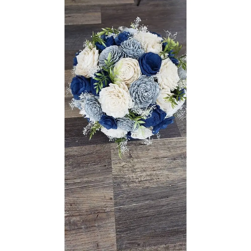 Lightweight Sola Wooden Flower Bouquet - Silver, Dark Blue Home Decorative Arrangement with Faux Plants for Indoor Home Use