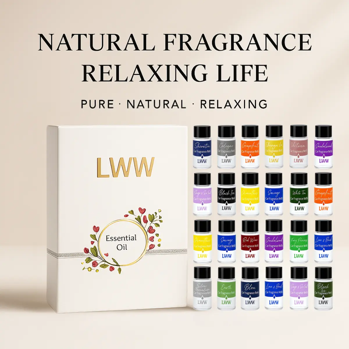 LWW Essential Oil Refills - 24-Pack 10mL Assorted Scents Car Fragrance Aromatherapy Refills for Diffusers & Car Air Fresheners (No Diffuser Included)