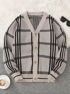 Men's Regular Fit Geometric Print Button Front Drop Shoulder Cardigan, V Neck Long Sleeve Sweater, Casual Comfy Knitting Top For Winter Knitwear