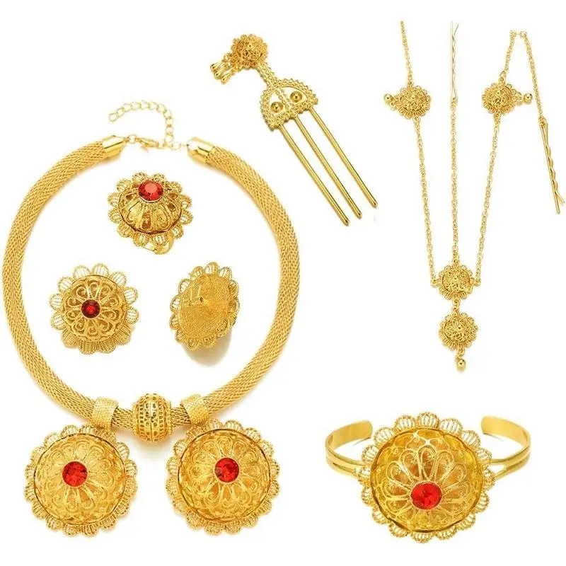 Ethiopian Jewelry for women Set New Designs 24K Gold Plated Pendant Earrings Hairpin Headchain Ring Habesha Wedding Gifts