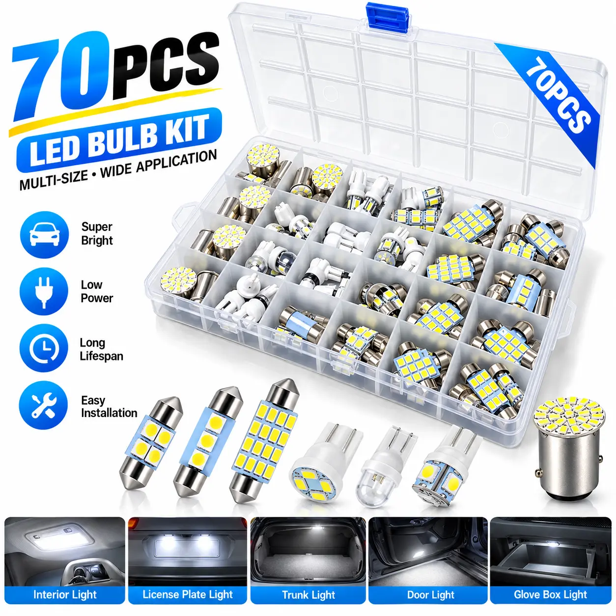 70PCS Super Bright 6000K White LED Auto Interior Bulb Kit, Easy-Install T10 BA9S Festoon Assortment for Dome, License Plate, Trunk Replacement Lights